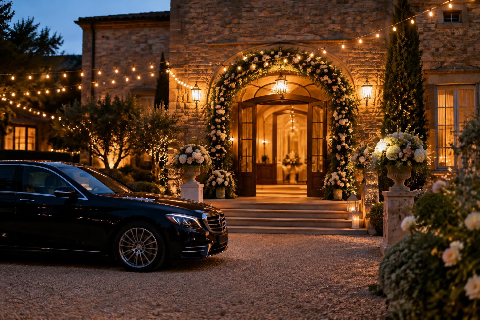 Entrée de salle de mariage fleurie et illuminée, avec une berline noire