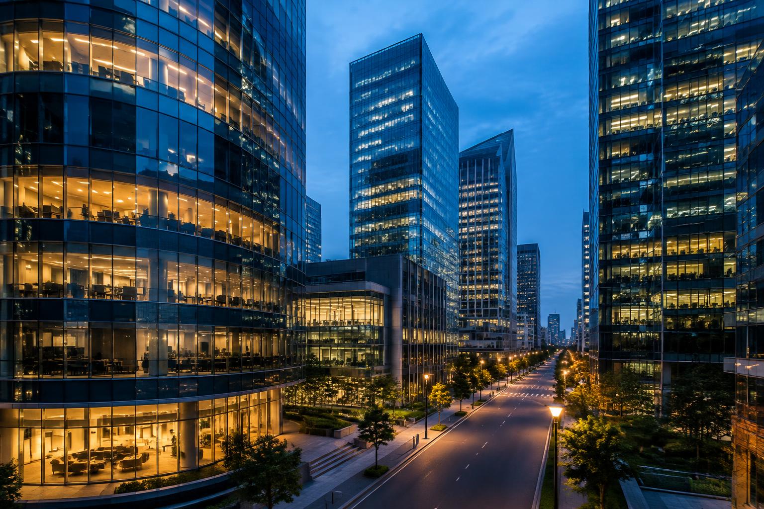 Quartier d'affaires moderne illuminé au crépuscule