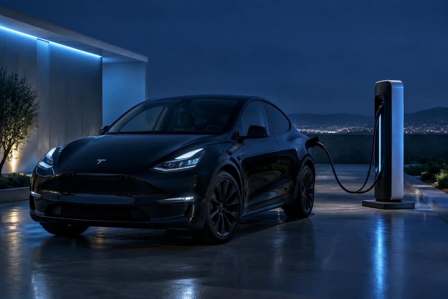 Tesla noire branchée sur une borne de recharge, de nuit